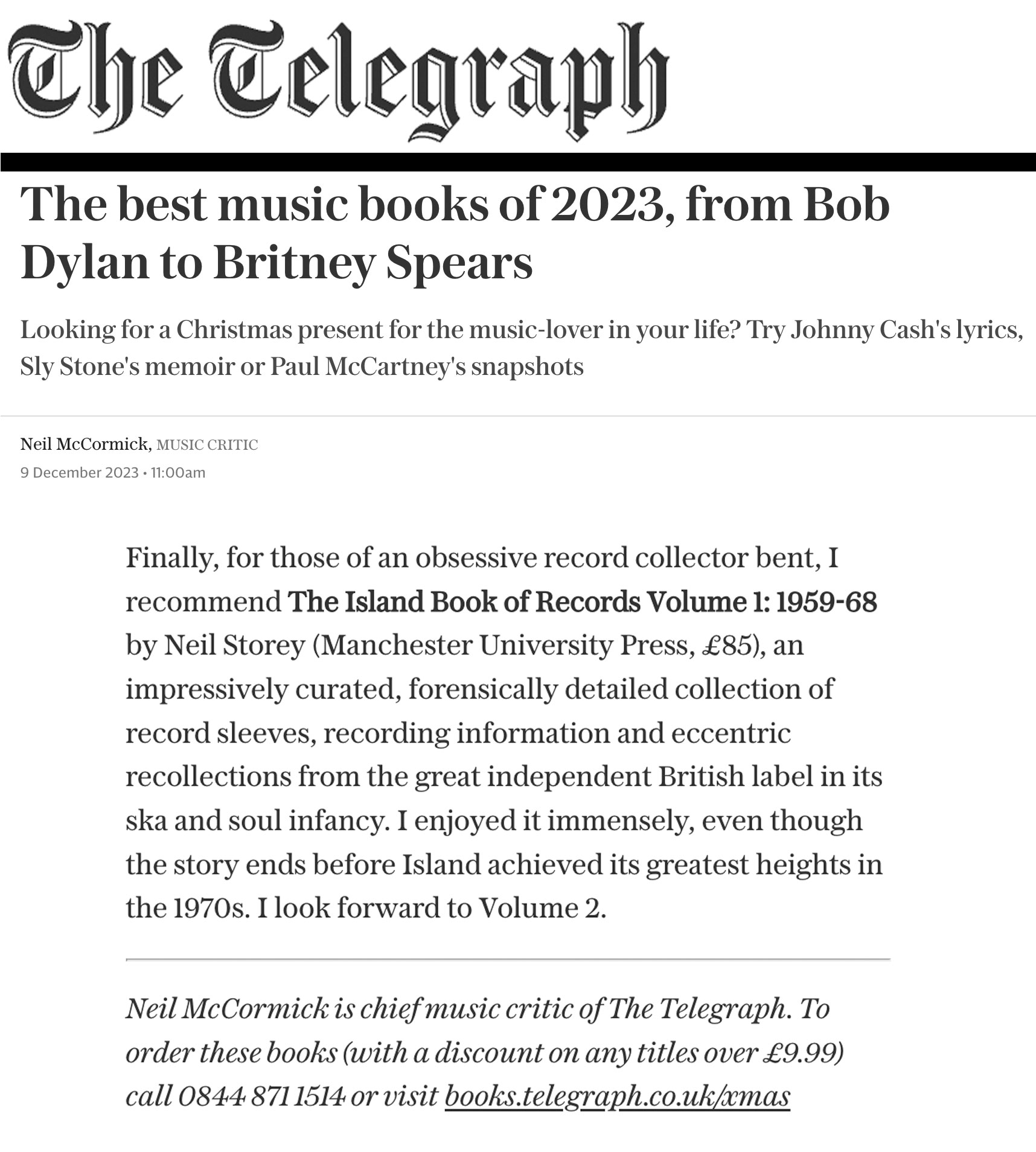IBoR named one of the Best Music Books of 2023 by the Daily Telegraph
